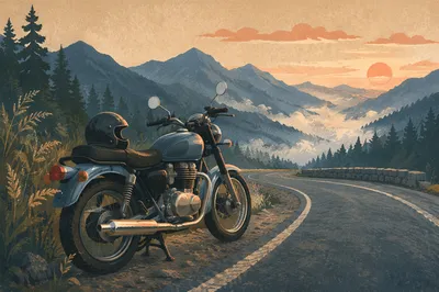Motorcycle on Misty Mountain Sunrise Road