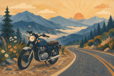 Sunrise Motorcycle on Winding Mountain Road