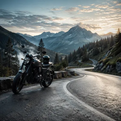 Motorcycle on Misty Mountain Road at Dawn