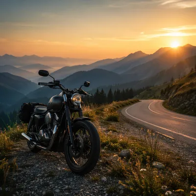 Sunrise Motorcycle on Winding Mountain Road