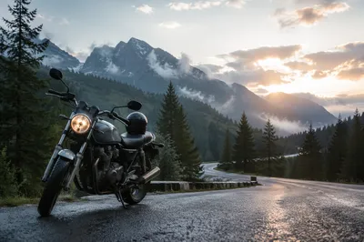 Motorcycle on Misty Mountain Road at Dawn