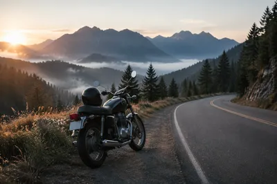 Motorcycle on Misty Mountain Sunrise Road