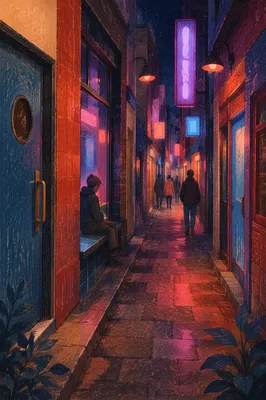 Colorful Neon Alley with Doors and Windows