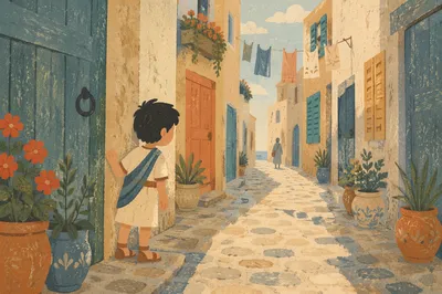 Sunlit Coastal Alley with Colorful Doors