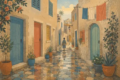 Colorful Coastal Alley at Golden Morning