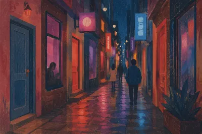 Neon Lit Narrow Alley With Colorful Doors