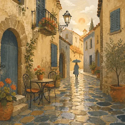 Rain-Kissed Narrow Street in Old Europe