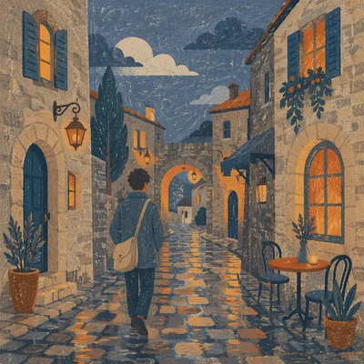 Rainy Cobblestone Lane in Old Europe