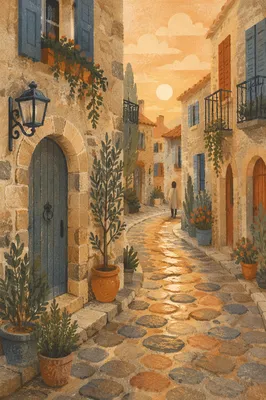 Sunrise Walk on Old European Cobblestone Street