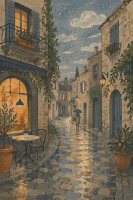 Rainy Cobblestone Street in Old Europe