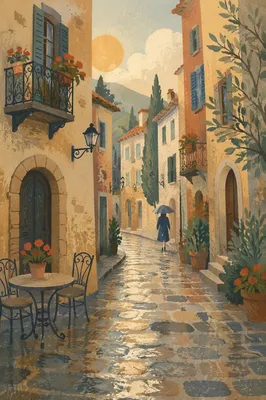 Rain-Kissed Cobblestone Street in Old Europe