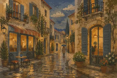Rainy Cobblestone Lane in Old Europe