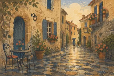 Rain-Kissed Narrow Street in Old Europe