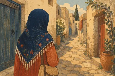 Solitary Traveler in Old European Cobblestone Lane