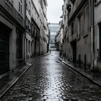 Rainy European Cobblestone Street at Dawn