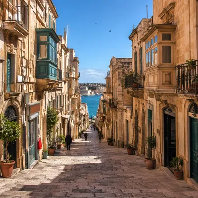 Narrow European Cobblestone Street to Blue Harbor