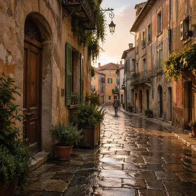 Sunrise Walk on Old European Cobblestones