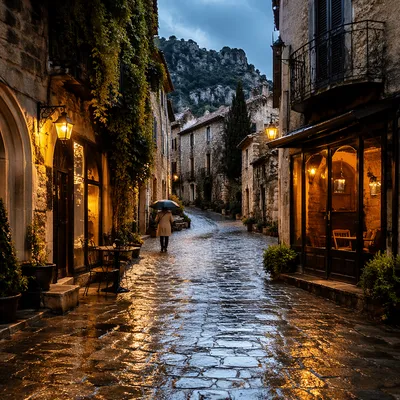 Rainy Cobblestone Lane in Old Europe
