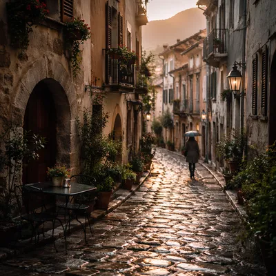Rain-Kissed Cobblestone Street in Old Europe