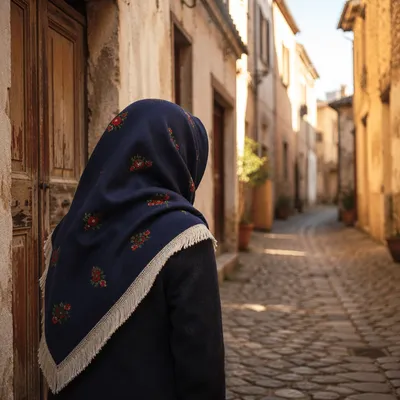 Traveler in Narrow European Cobblestone Alley