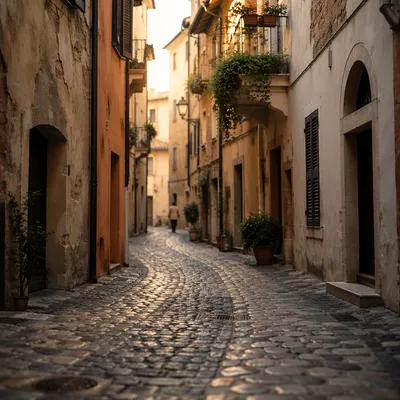Golden Morning on Old European Cobblestone Lane