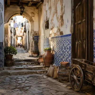 Narrow European Cobblestone Passage at Sunset