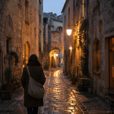 Rainy Old European Cobblestone Street