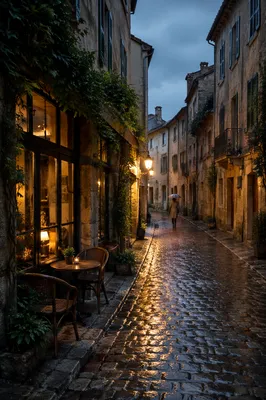 Rainy Cobblestone Lane in Old Europe