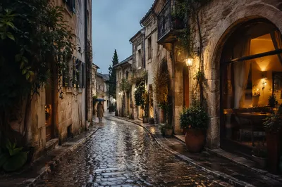 Rainy Evening Street in Old Europe
