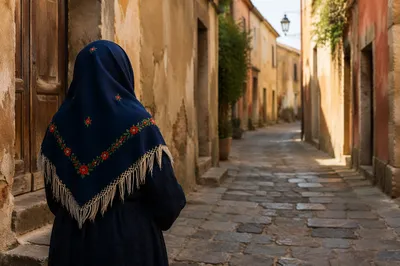 Traveler in Narrow European Cobblestone Alley