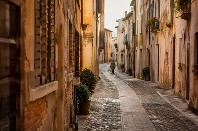 Golden Morning Cobblestone Street in Old Europe