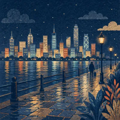 Night City Skyline Reflections by Waterfront