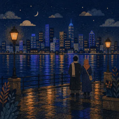 Peaceful Night Skyline Over Harbor Reflections