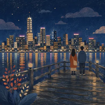 Serene Night Waterfront City Skyline Reflections