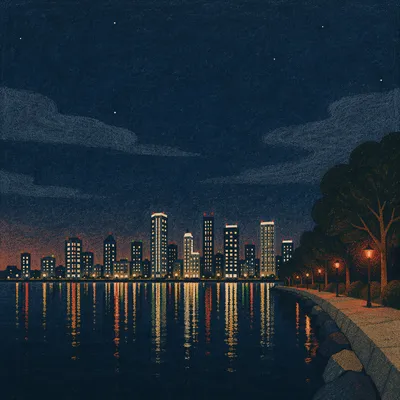 Quiet Night Waterfront Skyline Reflections