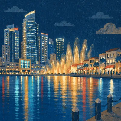 Modern Waterfront Skyline with Night Reflections