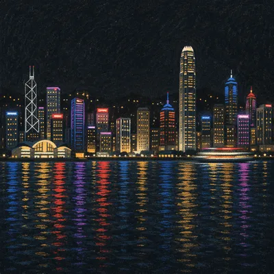 Night City Skyline Across Harbor Reflections