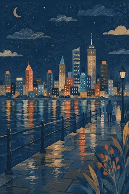 Night City Skyline Reflections on Waterfront