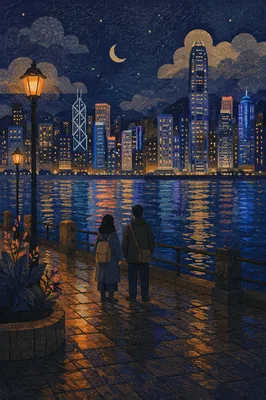 Peaceful Night Skyline Over Harbor Reflections