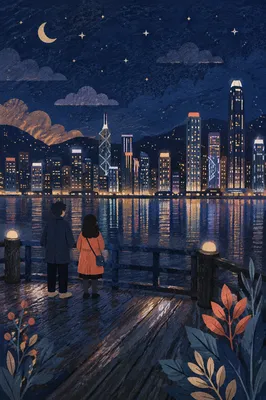 Serene Night Waterfront City Skyline Reflections