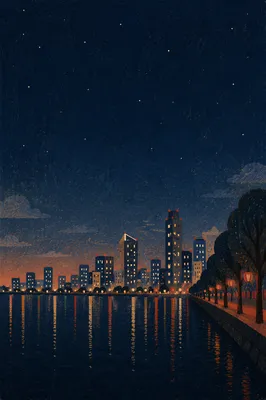 Night Waterfront Skyline with Calm Reflections