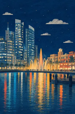 Waterfront Night Skyline with Colorful Reflections