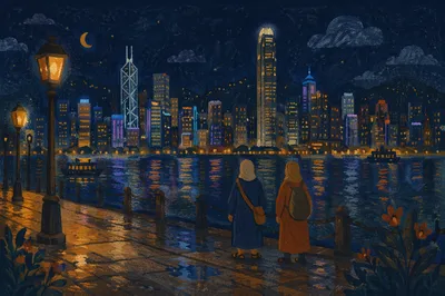 Peaceful Night Skyline Over Harbor Reflections