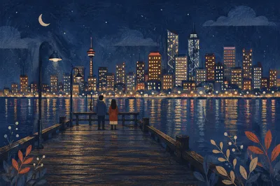 Serene Night Waterfront City Skyline Reflections