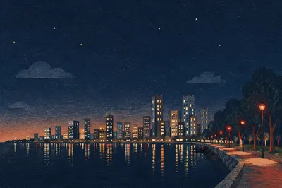Quiet Night Waterfront Skyline Reflections