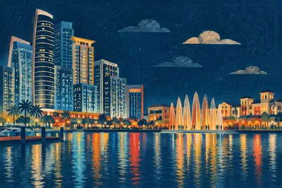 Waterfront Night Skyline with Colorful Reflections