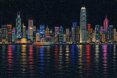 Night City Skyline Across Harbor Reflections