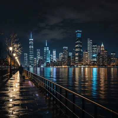 Rainy Night City Skyline Reflection
