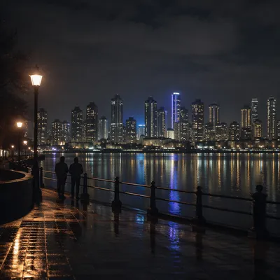 Peaceful Night Skyline Over Harbor Reflections
