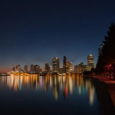 Modern Waterfront Skyline Reflected at Night